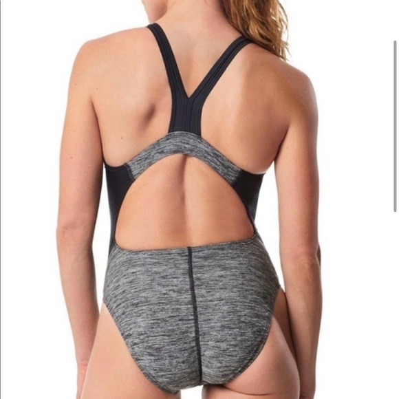 Speedo Quantum Swimsuit Gray One Piece Open Back Racerback Size 10 - Picture 3 of 12